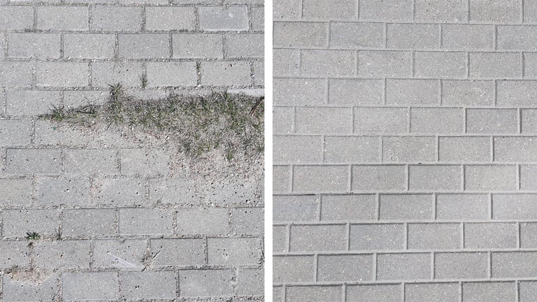 Dirty paving slabs with grass and sand before cleaning