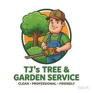 TJs Tree and Garden Service logo featuring a cartoon landscaper with hedge trimmer and large tree