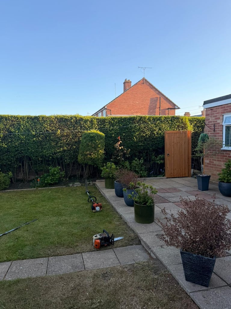 Beautiful brick house with red roof surrounded by perfectly trimmed hedges and lush lawn in Ipswich, Suffolk — showcasing expert hedge maintenance and garden care